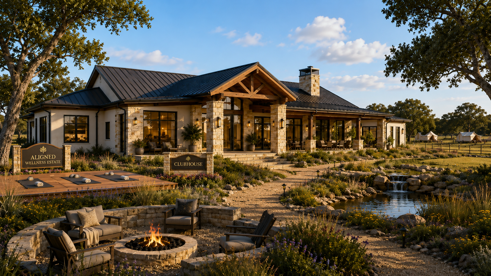 Aligned Wellness Estate clubhouse with outdoor gathering spaces, yoga deck, fire pit, and tranquil water feature