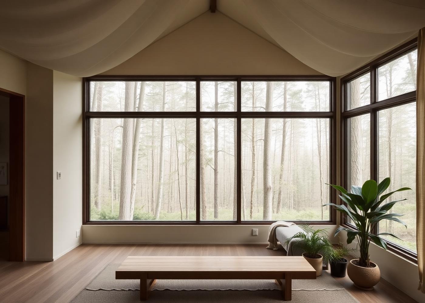 Calm wellness retreat interior with large windows overlooking a forest
