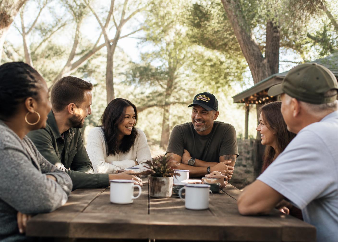 Diverse group of adults, including a veteran, talking together at an outdoor table under trees